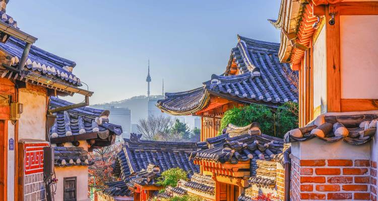 Traditionele hanok-daken van het dorp Bukchon met de N Seoul Tower die in de mistige achtergrond uittorent.