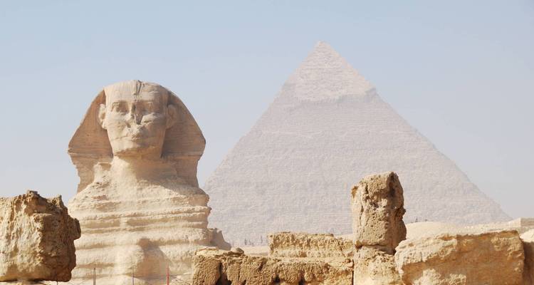 The Sphinx and Great Pyramid of Giza in the background.