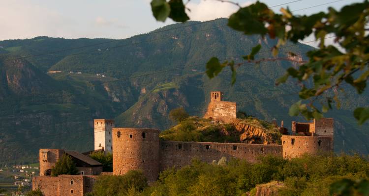 Oud stenen kasteel met bergen op de achtergrond.