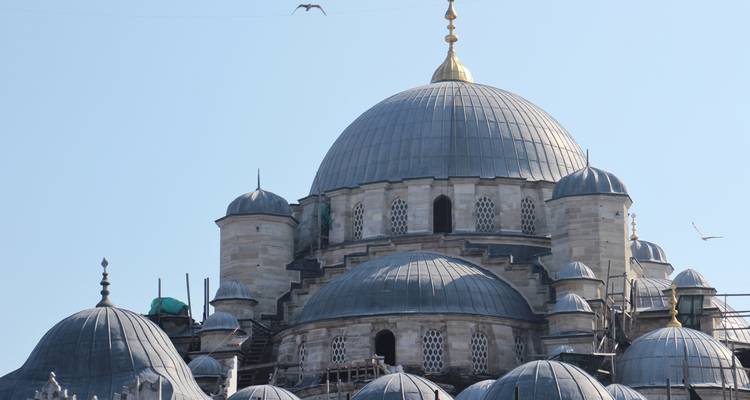 Kuppelmoschee mit Vögeln, die darüber fliegen.