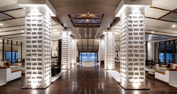 Interior of a building with salt brick columns.