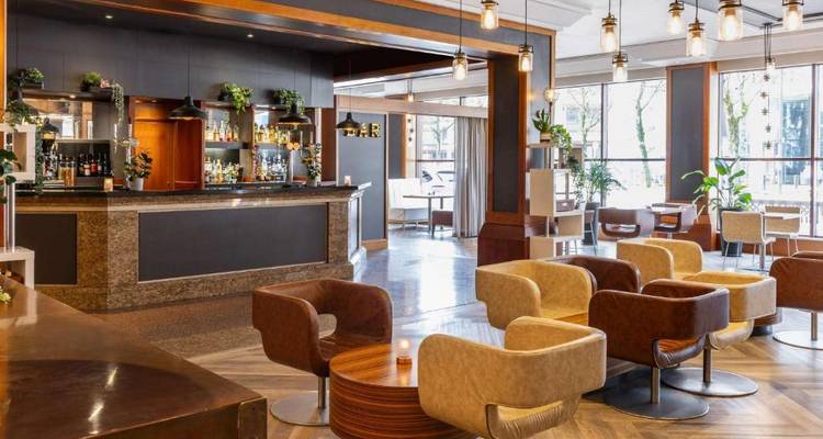 Lounge area with bar and seating.