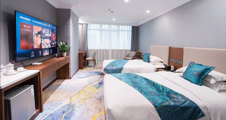 Chambre d'hôtel avec lits jumeaux, accents bleus et une télévision.