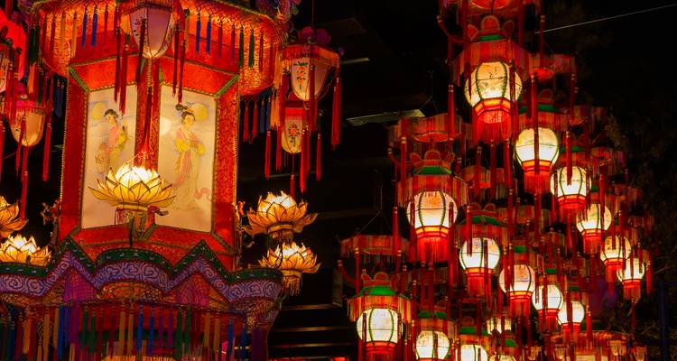 Coloridas linternas chinas rojas y doradas bellamente iluminadas durante un festival nocturno.