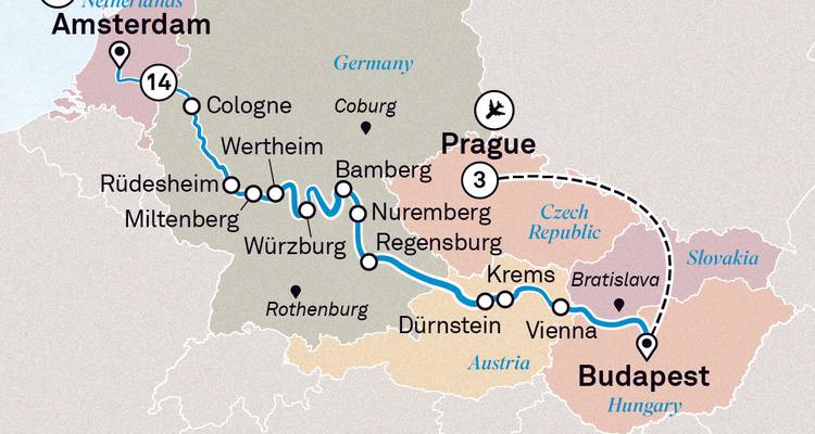 Carte montrant l'itinéraire de voyage à travers les villes européennes.