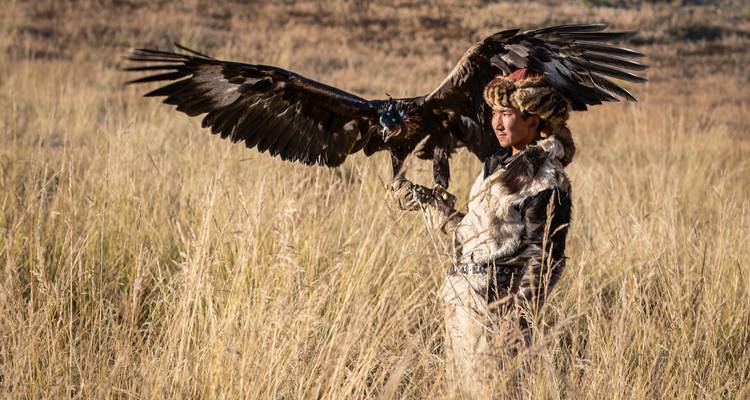 Eagle hunter poses proudly in tall grass holding his majestic bird with wings spread wide.