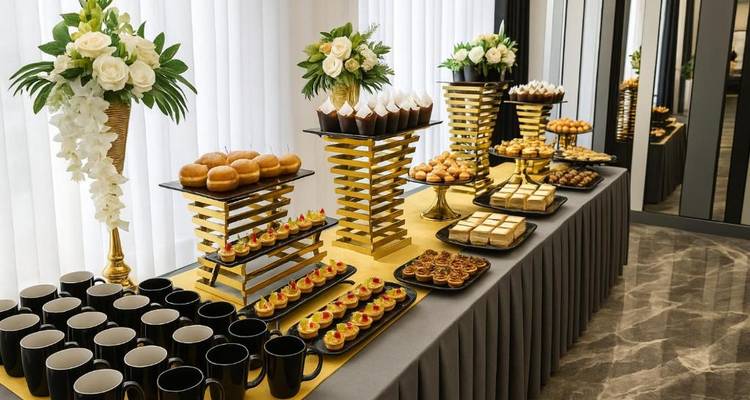 Configuration de desserts luxueux sur une table dorée avec des boissons.