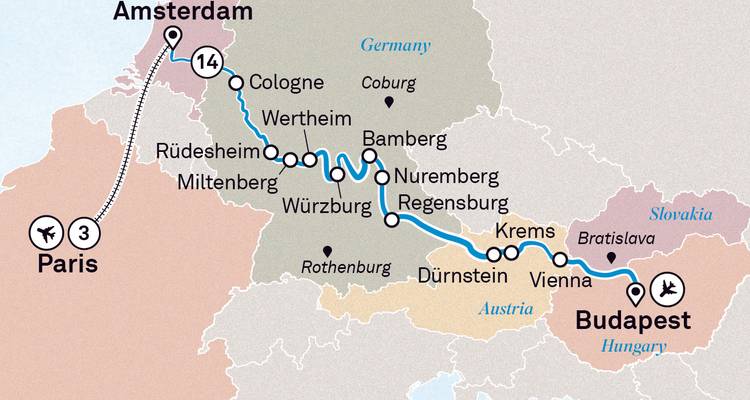 Carte montrant un itinéraire de Paris à Budapest, passant par plusieurs villes européennes.