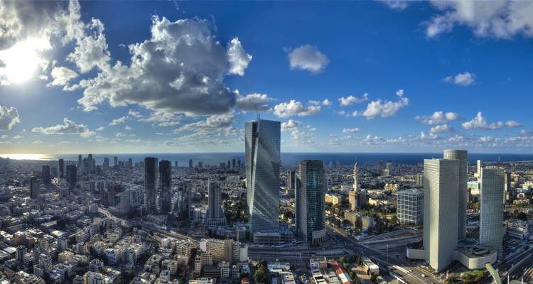 Panoramic view of a modern city skyline with high-rise buildings and ocean.