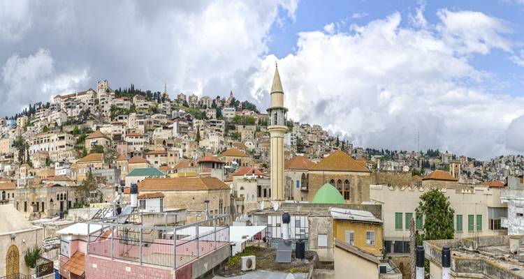 Vue panoramique d'une ville avec une mosquée et des bâtiments traditionnels.