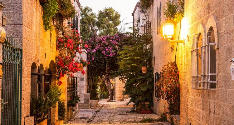 Une rue pavée tranquille bordée de verdure et de fleurs.