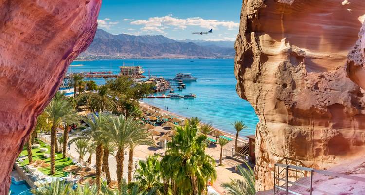 Plage d'Aqaba avec palmiers et littoral.