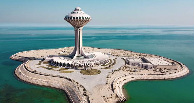Water tower situated on a small island.