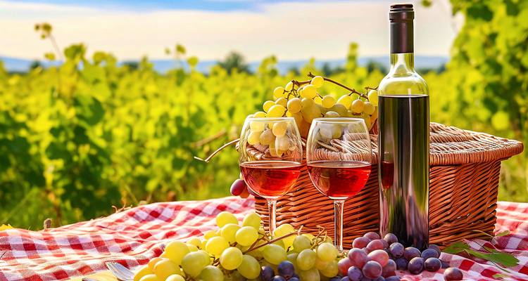 Picnic setup with wine and grapes in a vineyard.