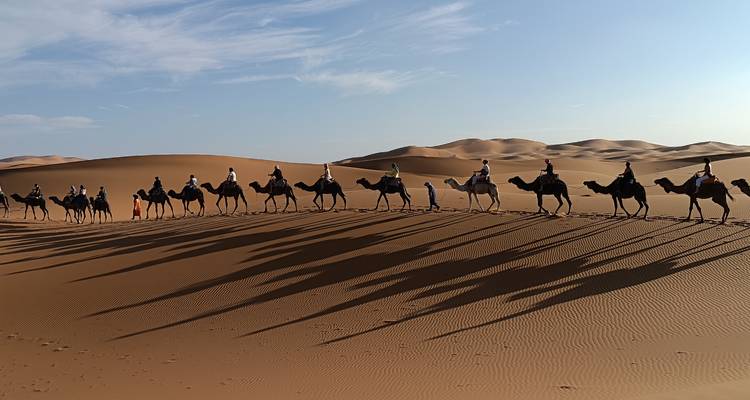 Lange rij kamelen met mensen die schaduwen werpen op de zandduinen.