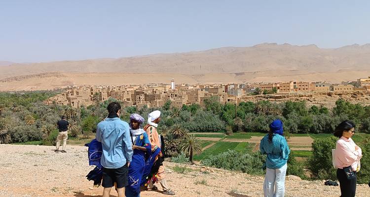 Mensen die samenkomen bij een uitkijkpunt met uitzicht op een stad en oase.