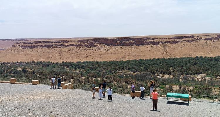 Mensen op een uitkijkpunt die een uitgestrekt woestijnlandschap observeren.