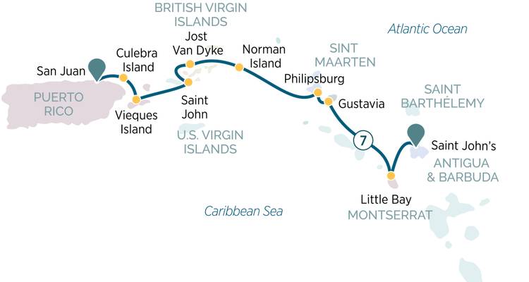 Map showing islands and routes between destinations.