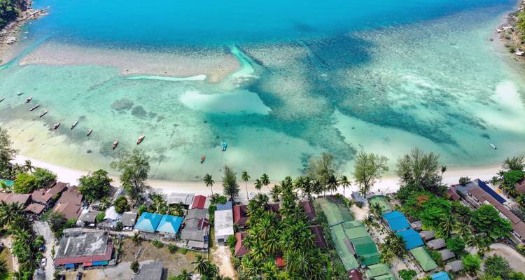 Aerial view of a beach with turquoise waters and palm trees.