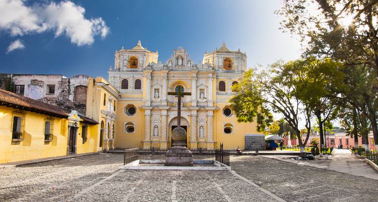 Yellow baroque-style church with plaza in front, trees, and clear sky.