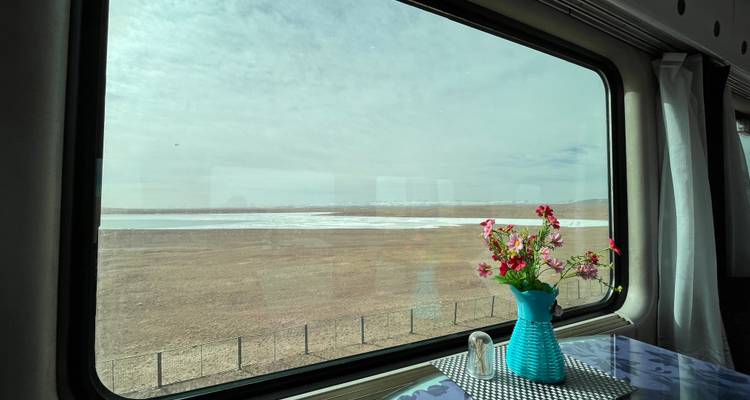 Vue par la fenêtre d'un train à travers un plateau aride avec un vase de fleurs roses sur la table
