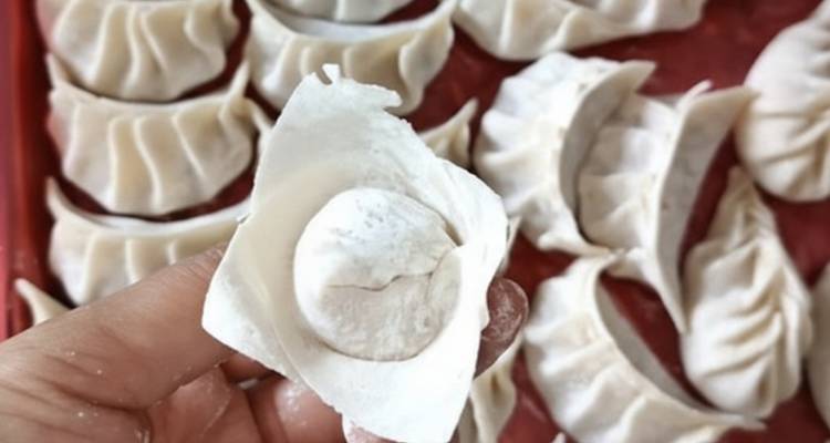 Hands holding a dumpling with neatly arranged dumplings around.