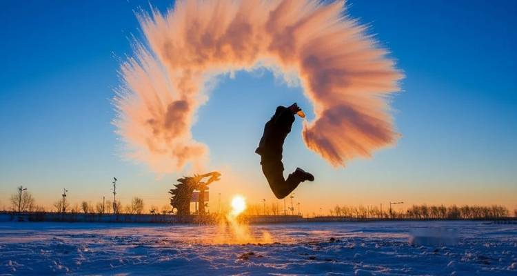 Person performing a water splash trick in cold weather.