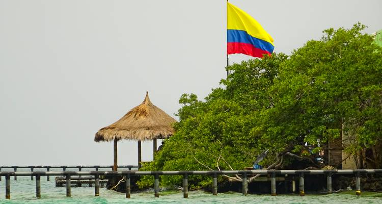 Cabaña de paja con una bandera colombiana cerca del océano.