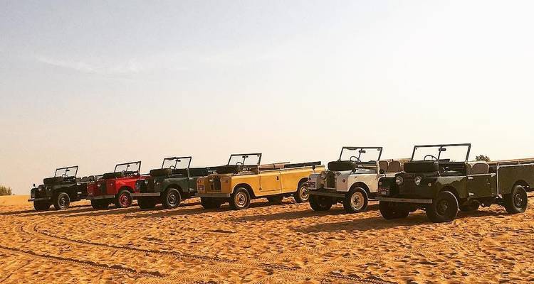 Rangée de voitures anciennes garées dans un désert.