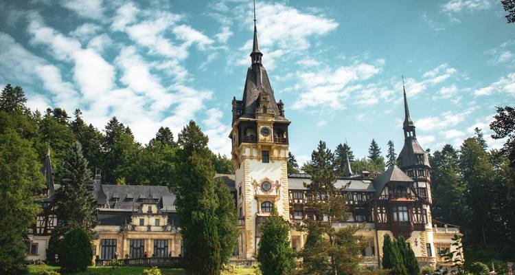 Château élégant à l'architecture complexe, situé sur fond de forêt.