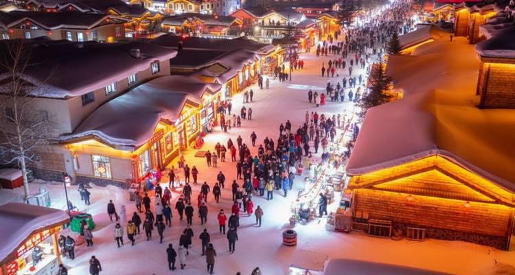 Marché de rue bondé avec des gens et des boutiques sous la neige.