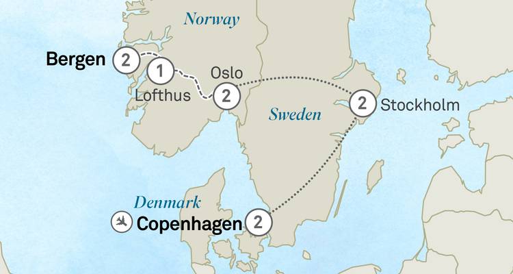 Carte montrant l'itinéraire de voyage à travers la Norvège, la Suède et le Danemark.