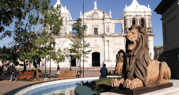 Historic cathedral viewed from a park with a lion statue.