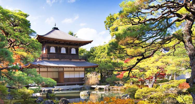 Sereen Japanse tuinvijver die het elegante Zilveren Paviljoen weerspiegelt, omgeven door kleurig bladerwerk in Kyoto.