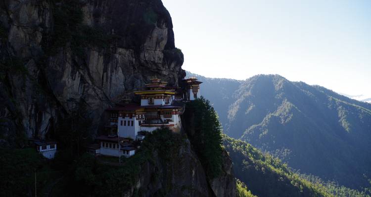 Monastère de Paro Taktsang perché sur une falaise avec une vallée forestière profonde en contrebas dans la lumière matinale.