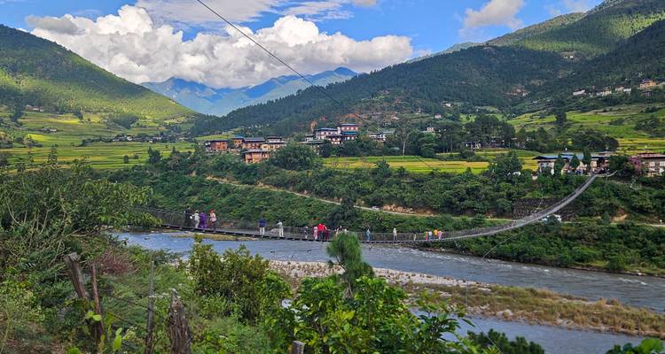 Suspension footbridge spans a river in a green valley with terraced fields and Himalayan mountains.