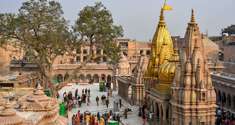 Complexe de temples avec des dômes dorés dans un environnement urbain.