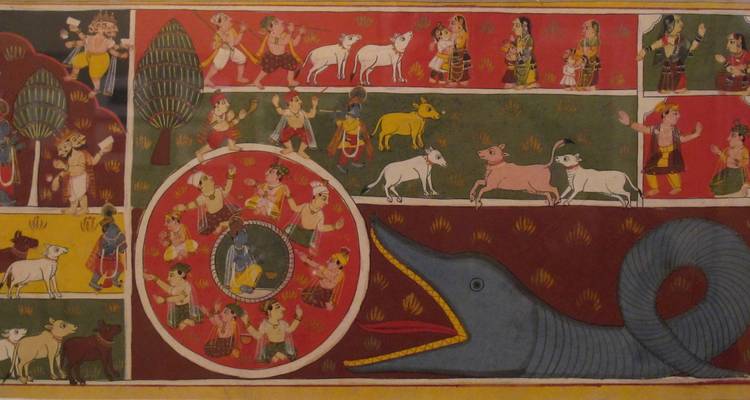 Peinture murale indienne traditionnelle colorée représentant des scènes historiques.