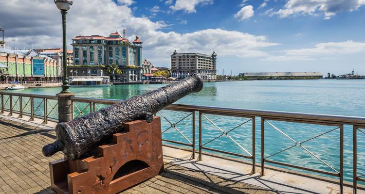 Cannon on a promenade with city buildings beyond the water.
