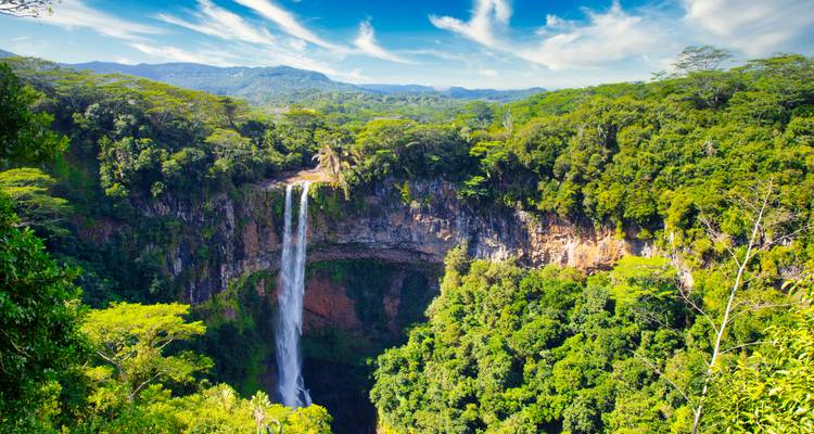 Tall waterfall in a lush green forest under blue sky.
