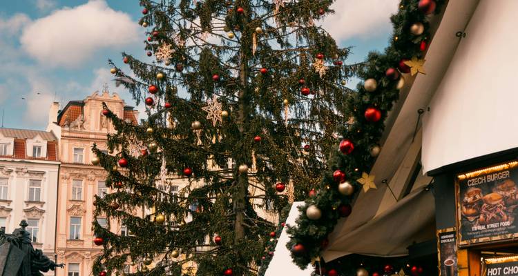 Christmas tree with decorations in an urban setting.