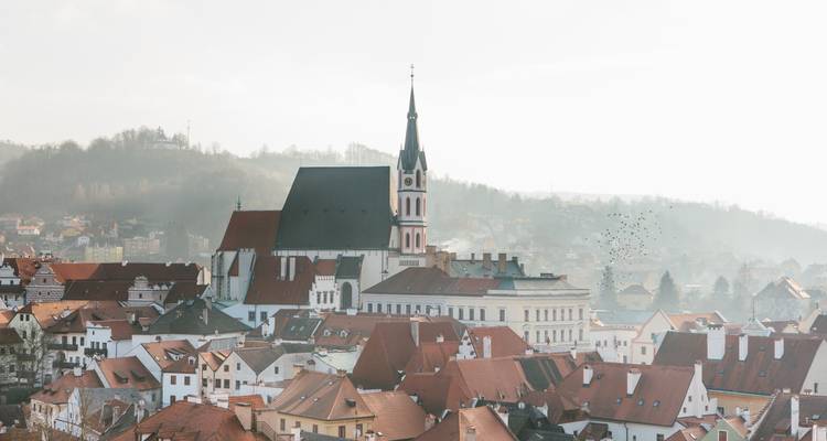 Scenic view of a town with a historic church.