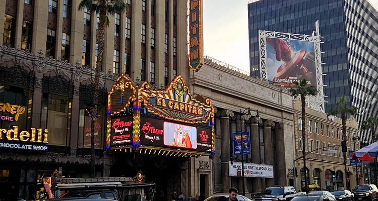 View of El Capitan Theatre with a banner promoting Captain Marvel.