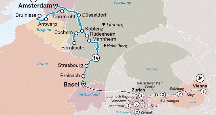 Map showing a European travel route connecting cities.