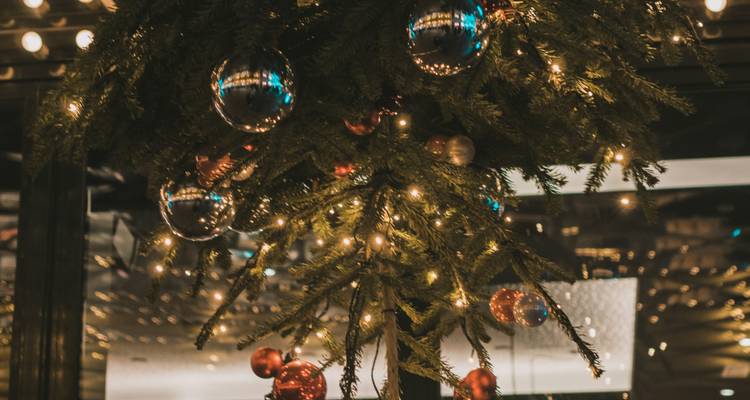 Décoration de Noël festive avec lumières et ornements.