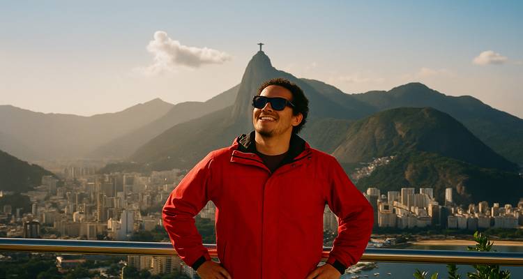 Individual in a red jacket with mountain and cityscape in the background.