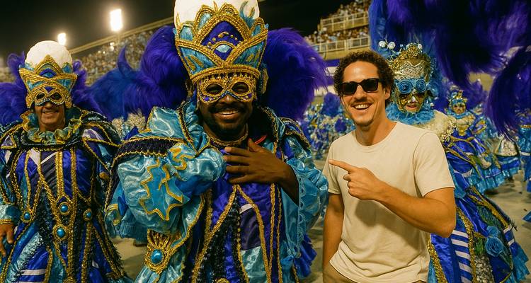 Person posing with costumed parade participants in vibrant blue attire.
