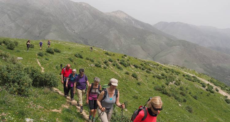 Hikers on a mountainous trail.