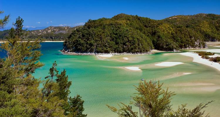 Una playa de aguas turquesas y exuberantes colinas verdes.