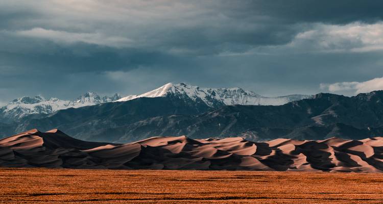 Dunes de sable avec des montagnes enneigées en arrière-plan.